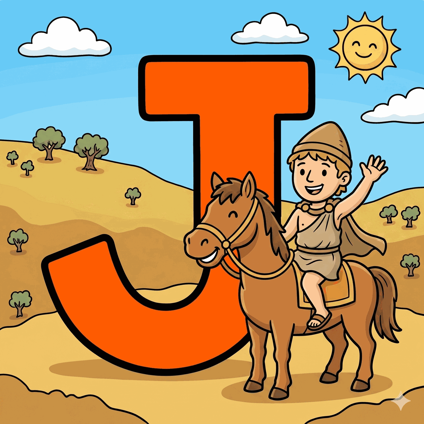 La letra J grande junto a un jinete griego a caballo