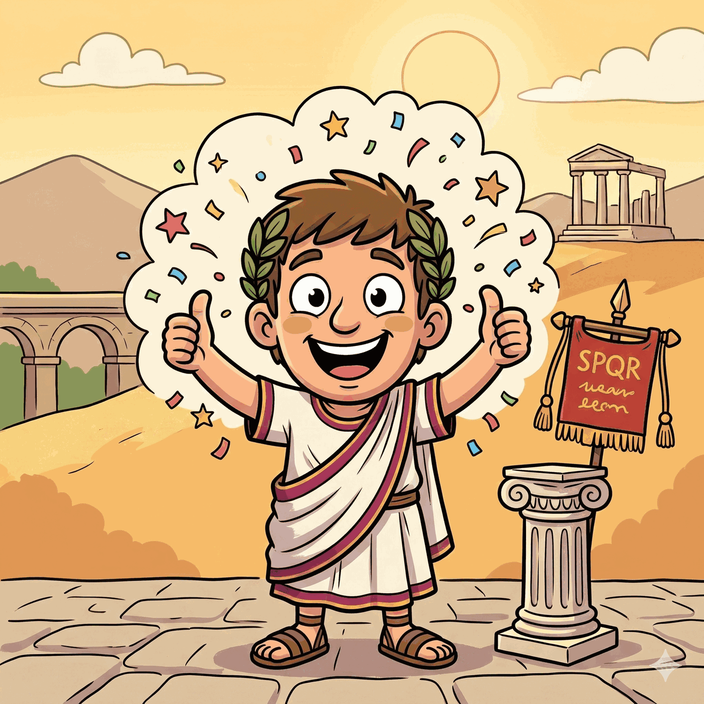 Niño romano celebrando con los pulgares hacia arriba
