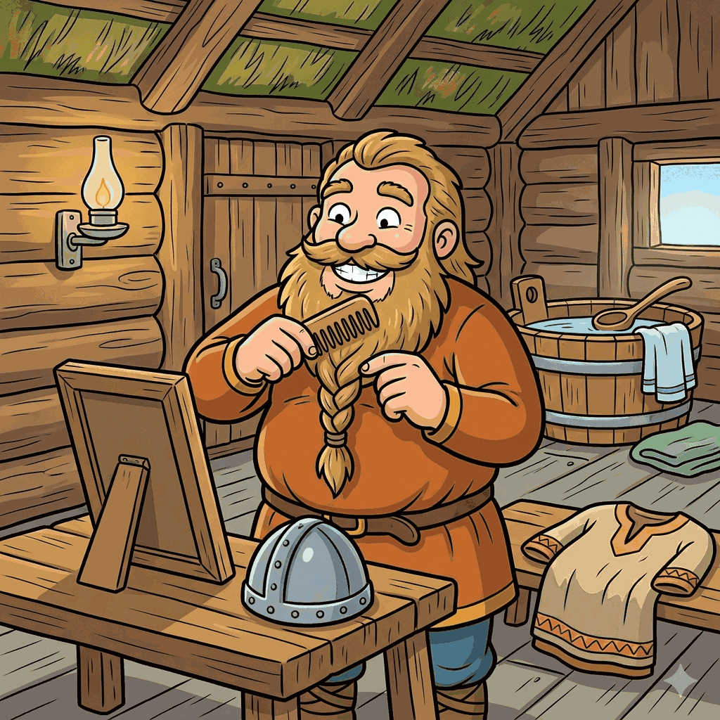Un vikingo limpio y presumido peinándose la barba frente a un espejo