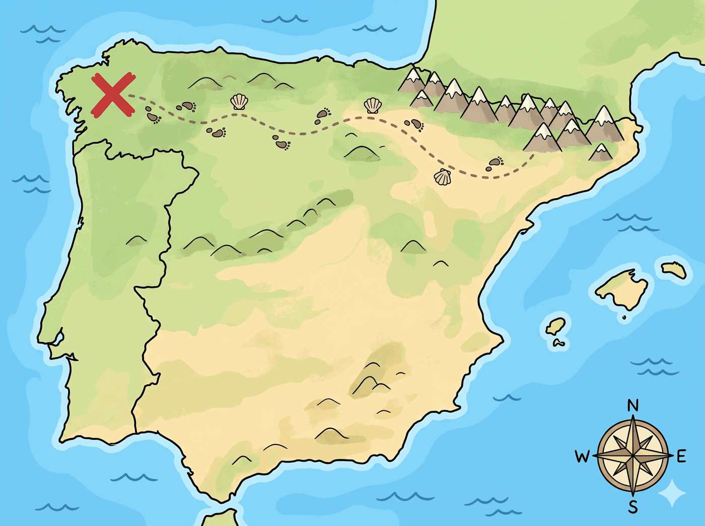 Mapa de la Península Ibérica con una X en Santiago, los Pirineos y la rosa de los vientos