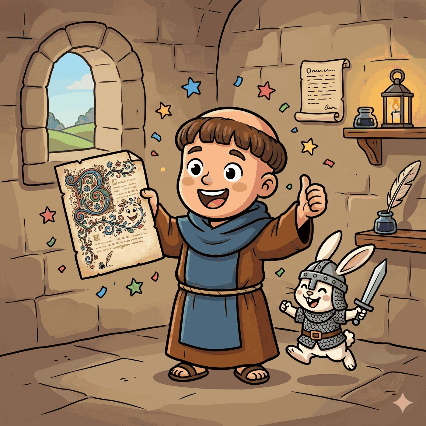 Monje niño celebrando con un manuscrito iluminado terminado