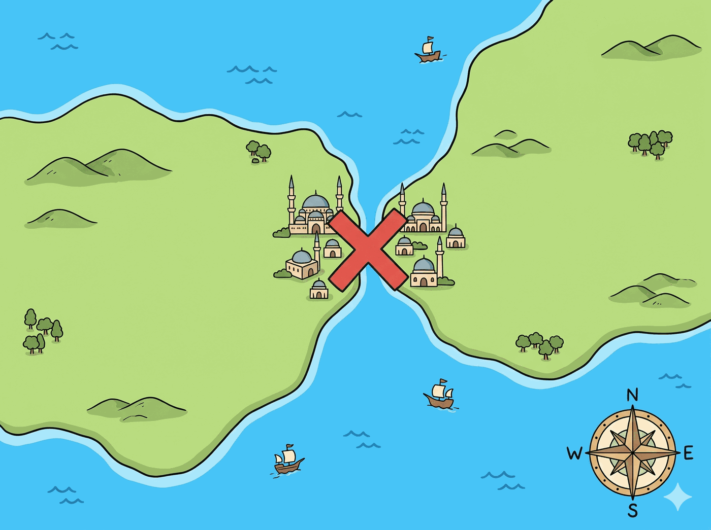 Mapa de dos continentes separados por un estrecho de mar, con una X sobre la ciudad situada en ambas orillas y la rosa de los vientos