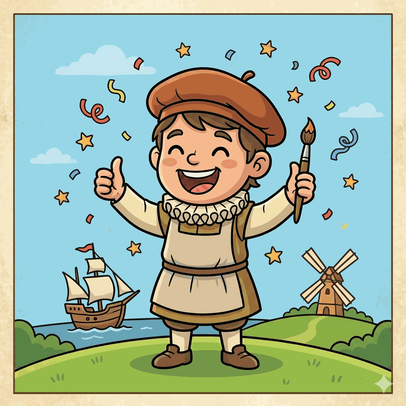 Niño con gola y boina de pintor celebrando con los pulgares arriba, con un galeón y un molino al fondo